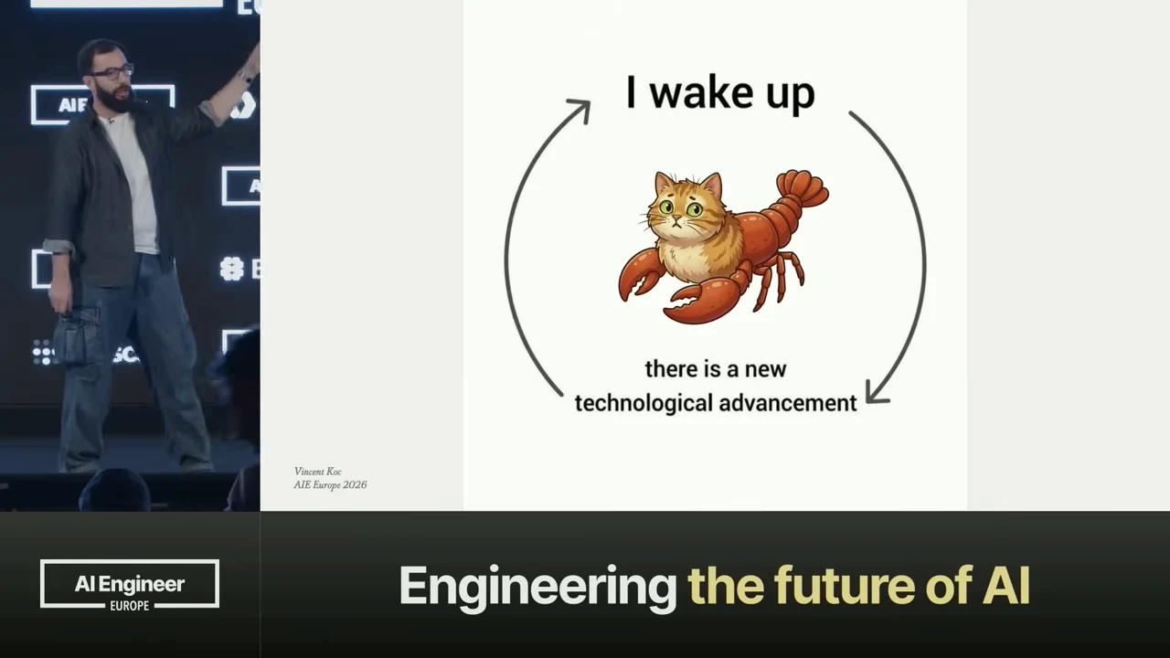 A cat with a lobster body sits between circular arrows linking “I wake up” and “there is a new technological advancement.”