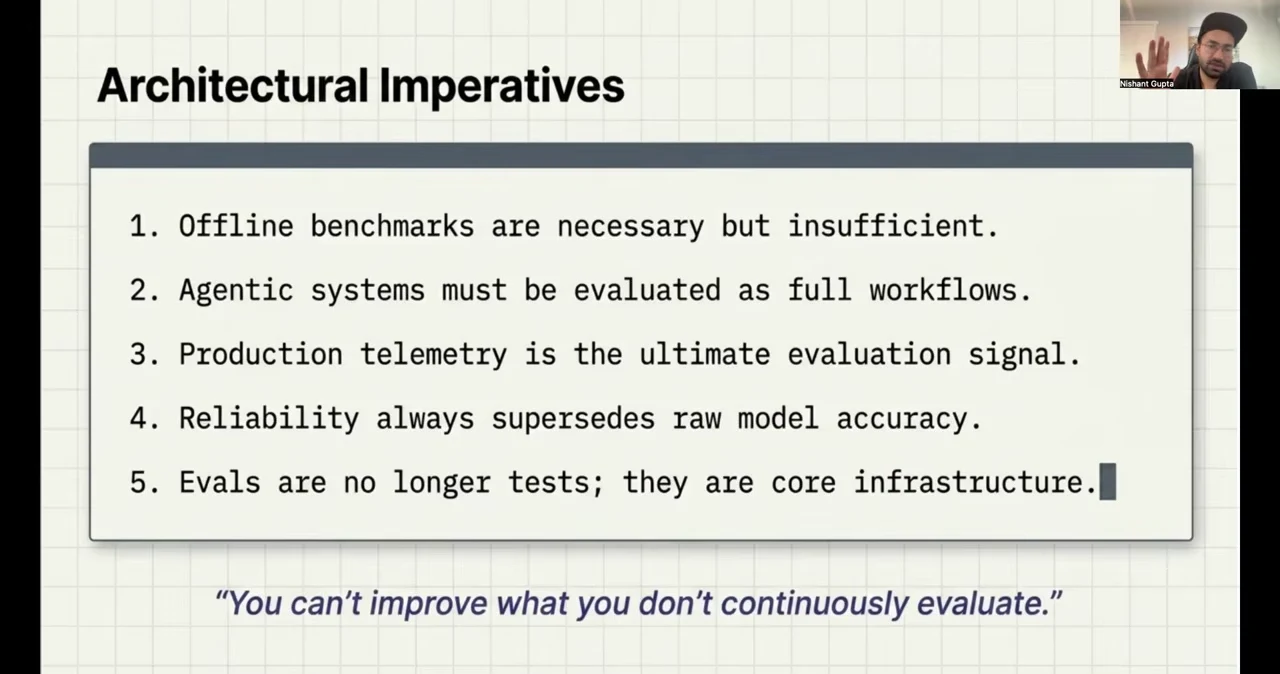 Five closing principles cover insufficient offline benchmarks, full-workflow evaluation, production telemetry, reliability over accuracy, and evaluations as core infrastructure.
