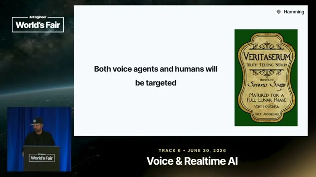 Selected presentation frame from I Monitored Crime Audio. Voice Agents Scare Me More. — Sumanyu Sharma, Hamming AI at 766 seconds