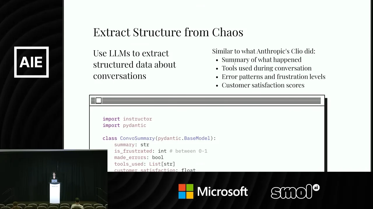 “Extract Structure from Chaos” slide lists conversation attributes alongside an Anthropic Clio reference, above a partially cropped code example.