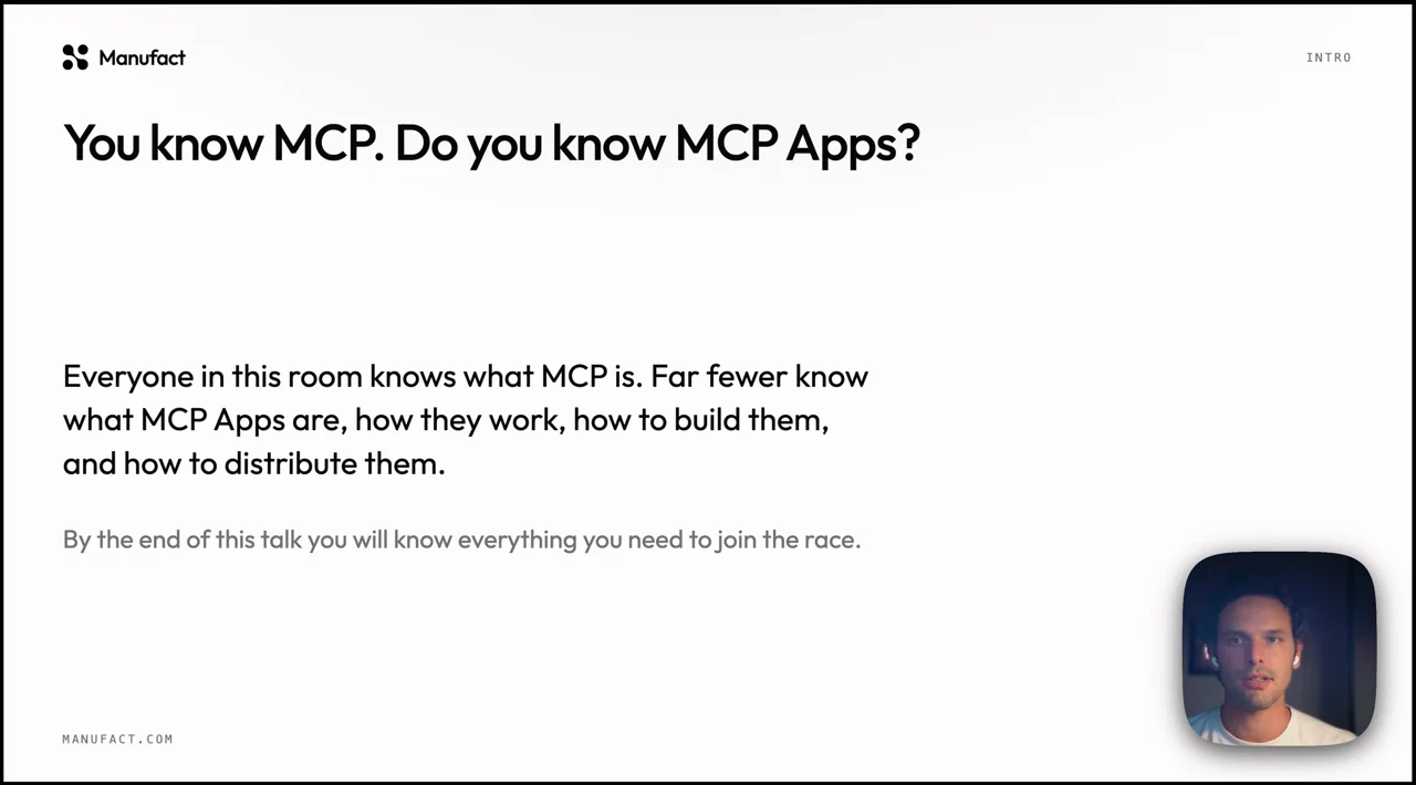 Introductory slide describing the knowledge gap around what MCP Apps are, how they work, and how to build and distribute them.