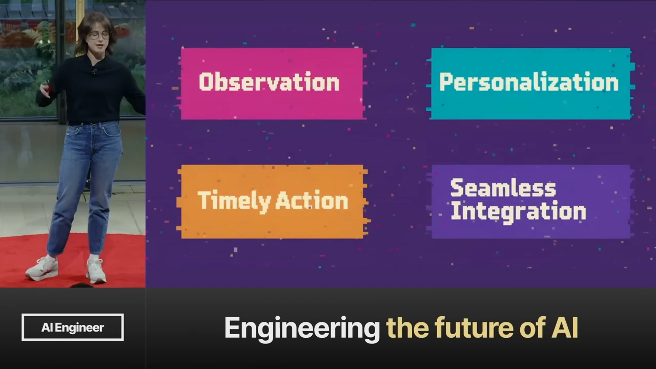 Four colored rectangles on a purple slide list Observation, Personalization, Timely Action, and Seamless Integration beside the speaker.