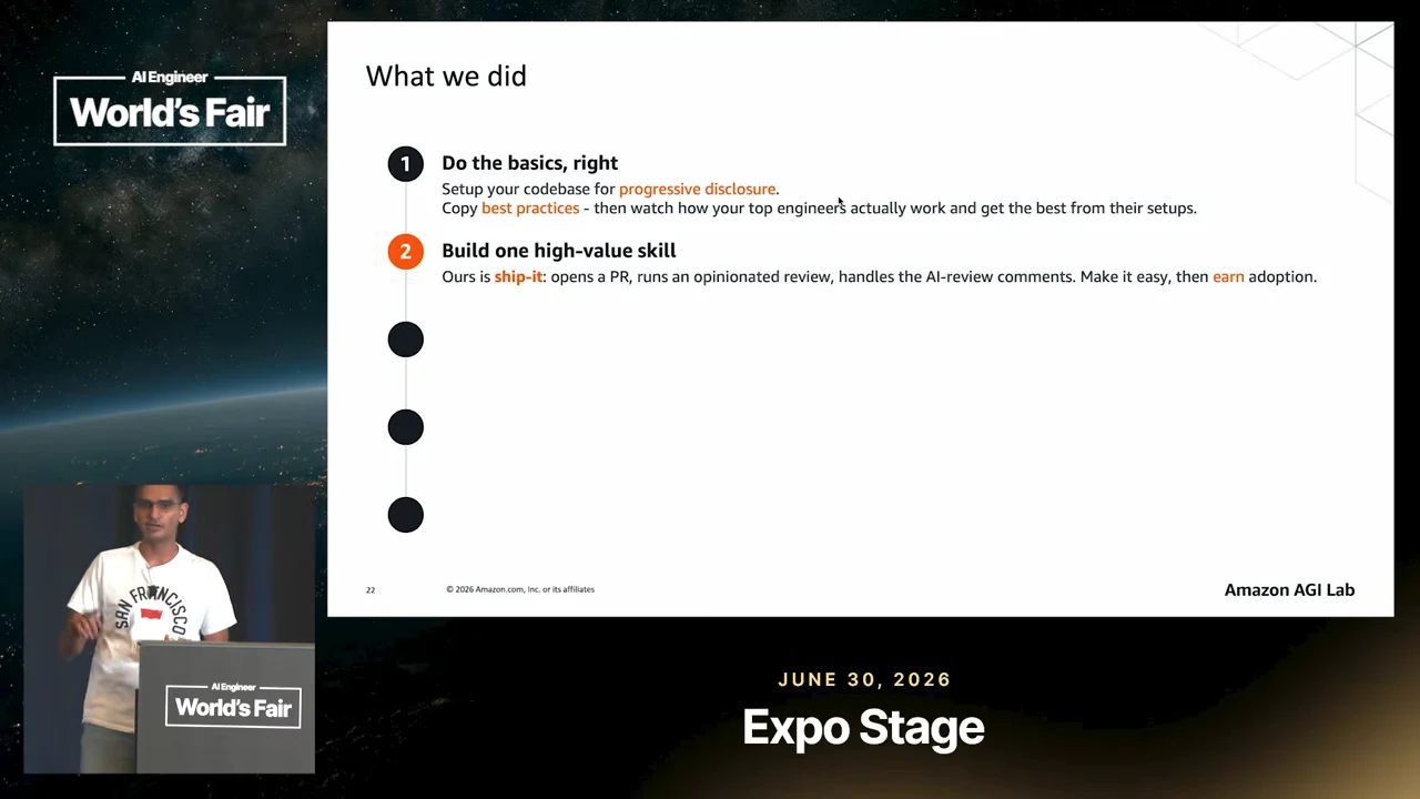 “What we did” slide shows two populated steps: “Do the basics, right” and highlighted “Build one high-value skill,” followed by three empty timeline markers.