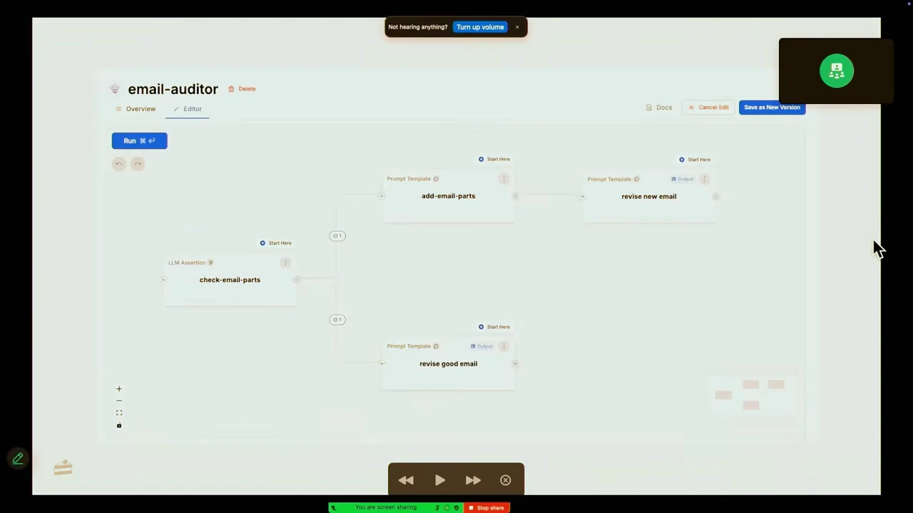 Email-auditor editor shows connected nodes labeled check-email-parts, add-email-parts, revise new email, and revise good email.
