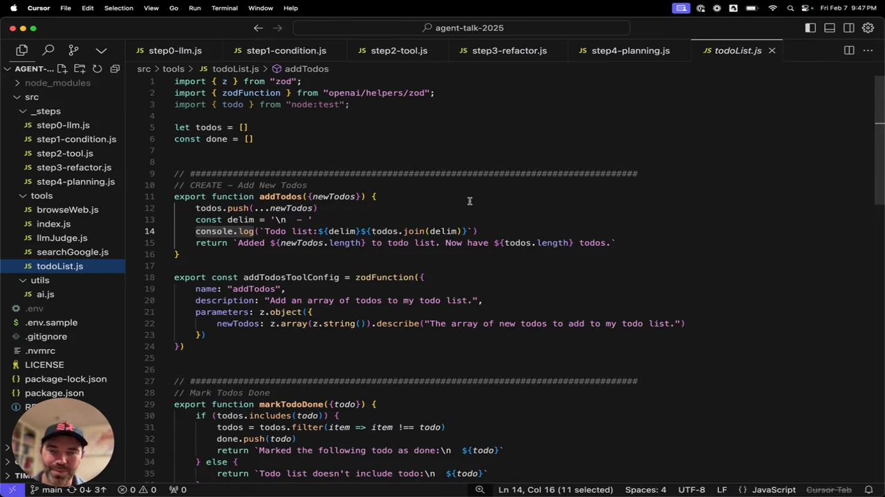 Code editor showing todos and done arrays, addTodos, its Zod tool configuration, and the beginning of markTodoDone.