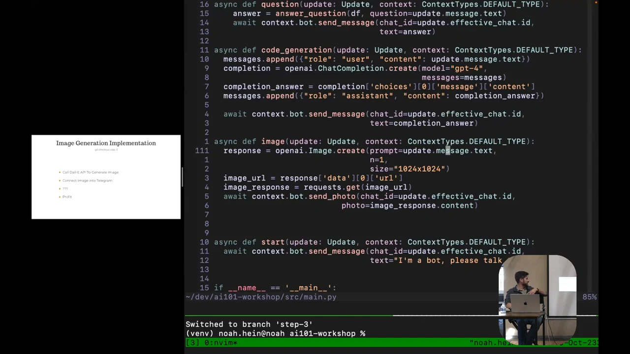 Code editor showing an image handler that requests an image, retrieves its URL, and sends the image content as a photo, beside a small implementation slide.