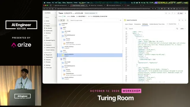 Arize trace viewer with nested model and tool spans, a selected product-search call and returned product records.