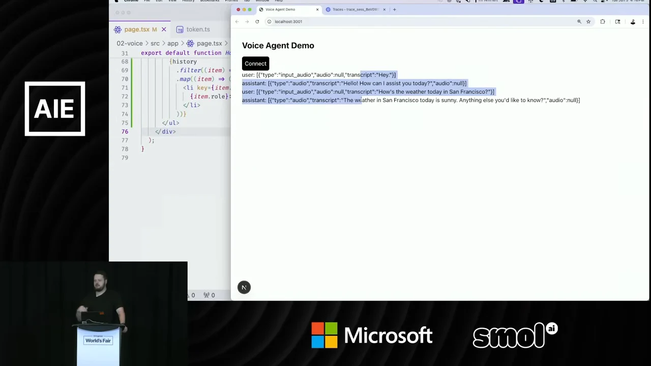 Voice Agent Demo browser window showing a greeting, a San Francisco weather question, and an assistant response as structured transcript entries.
