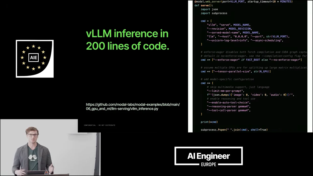 Slide titled “vLLM inference in 200 lines of code,” with a repository link and a tall code screenshot beside the speaker inset.