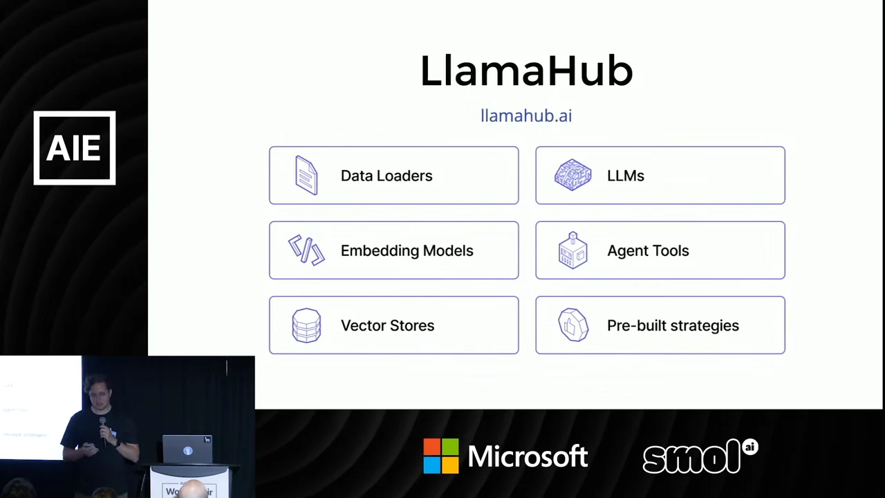 LlamaHub slide showing Data Loaders, LLMs, Embedding Models, Agent Tools, Vector Stores, and Pre-built strategies.