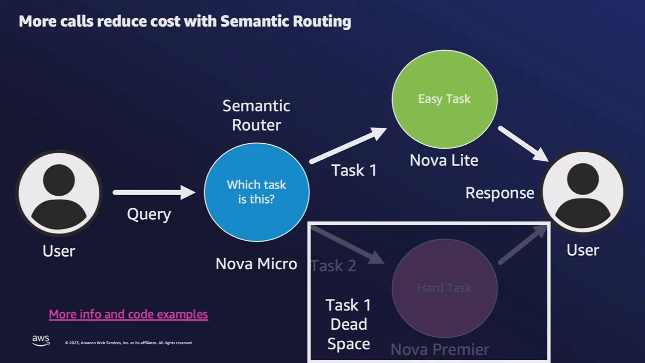 Nova Micro routes a query to Nova Lite for an easy task or Nova Premier for a hard task. A shaded box labeled Task 1 Dead Space covers the hard-task branch.