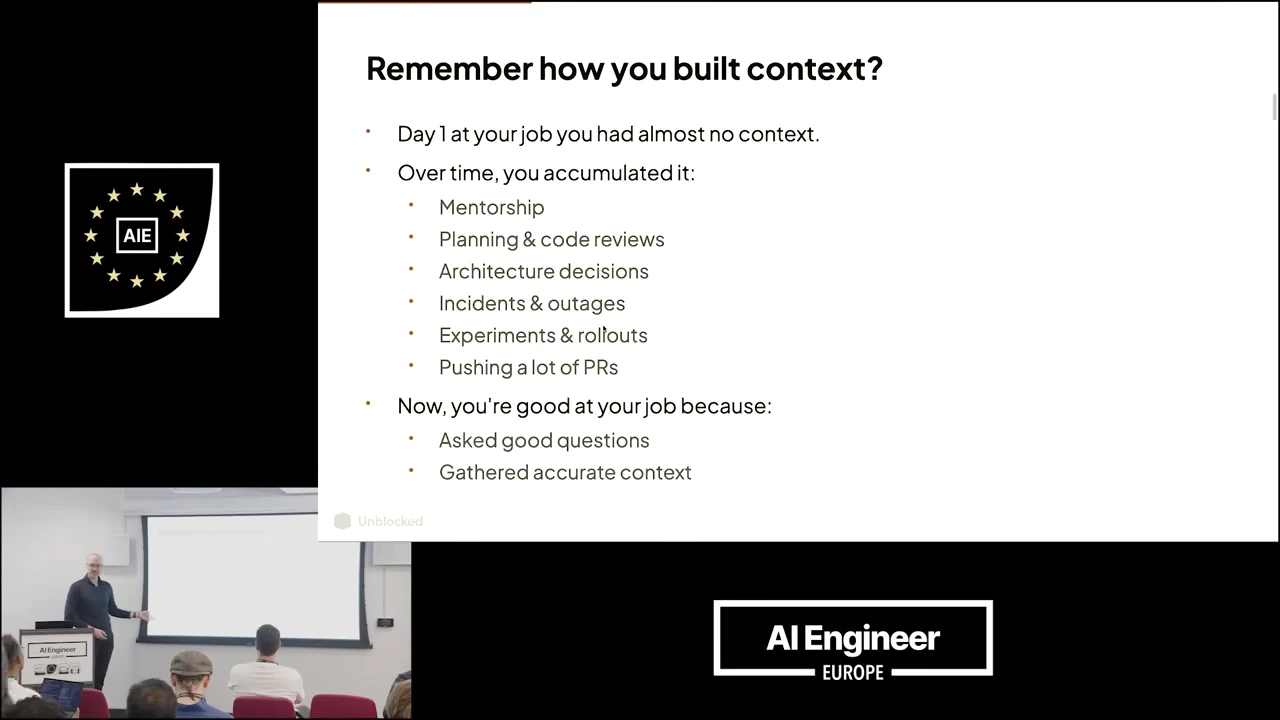 Slide listing mentorship, planning and code reviews, architecture decisions, incidents, experiments, and PRs, ending with asking good questions and gathering accurate context.