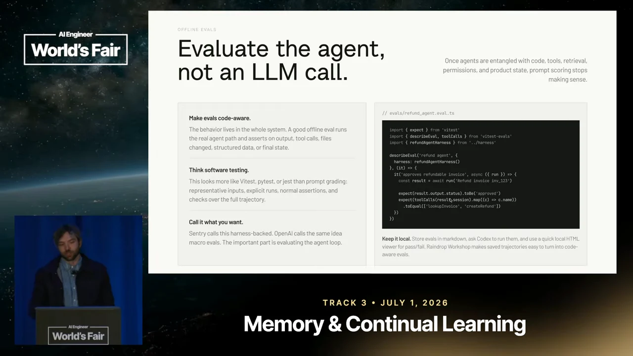 Slide with guidance to make evals code-aware and think in terms of software testing, alongside a dark code example and a note to keep evaluation local.