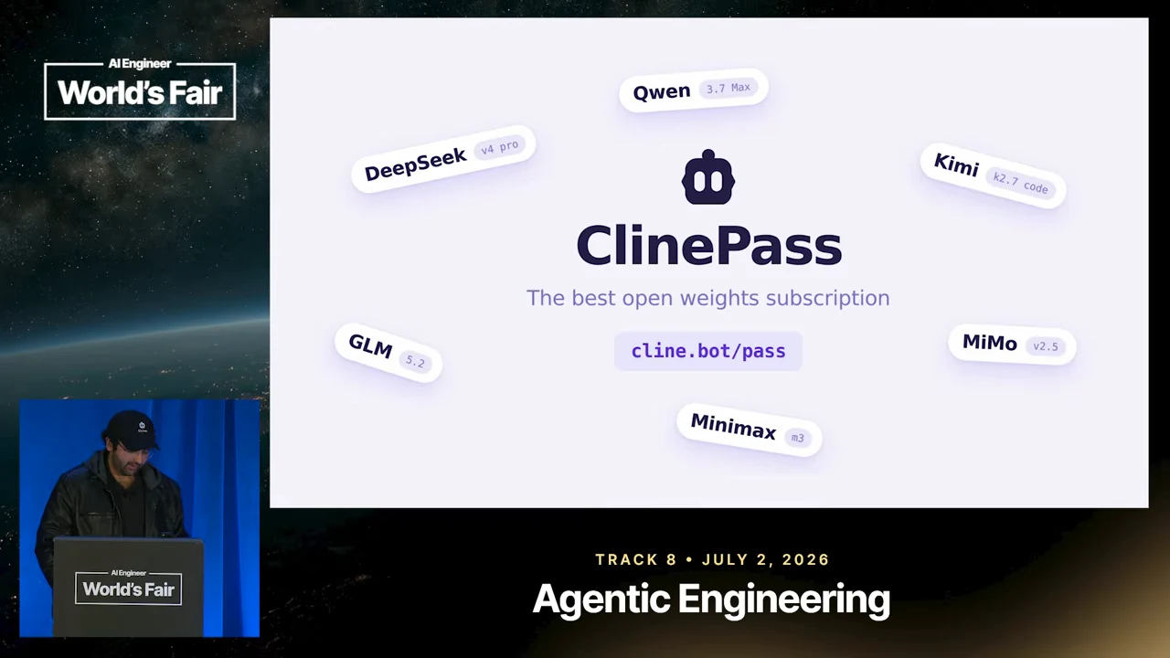 ClinePass slide with the text “The best open weights subscription,” cline.bot/pass, and surrounding DeepSeek, Qwen, Kimi, GLM, MiMo, and Minimax labels.