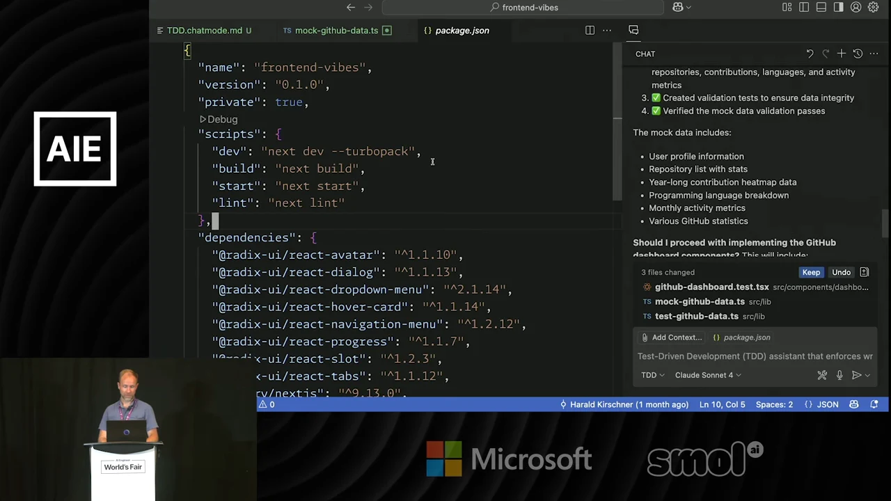 VS Code shows package.json beside a Copilot response listing mock data, validation checks, changed files, and a question asking whether to proceed with GitHub dashboard components.