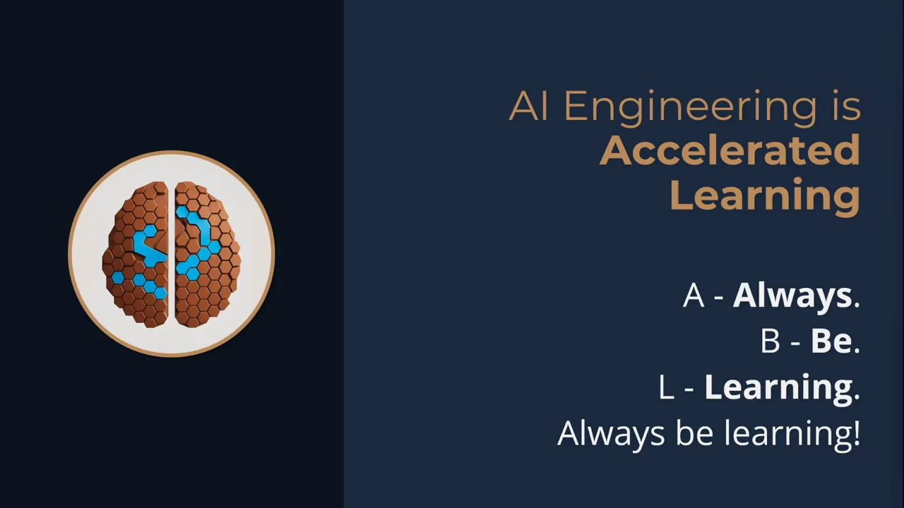 Brain illustration beside the heading “AI Engineering is Accelerated Learning” and the mnemonic “A - Always. B - Be. L - Learning.”