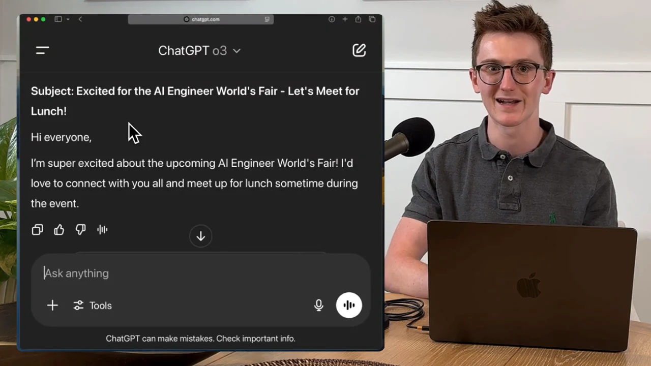 ChatGPT text conversation showing an email subject and lunch invitation beside the presenter.