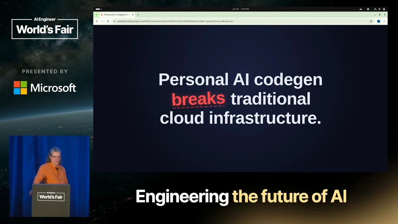 Dark slide with the statement “Personal AI codegen breaks traditional cloud infrastructure,” with “breaks” emphasized in red.