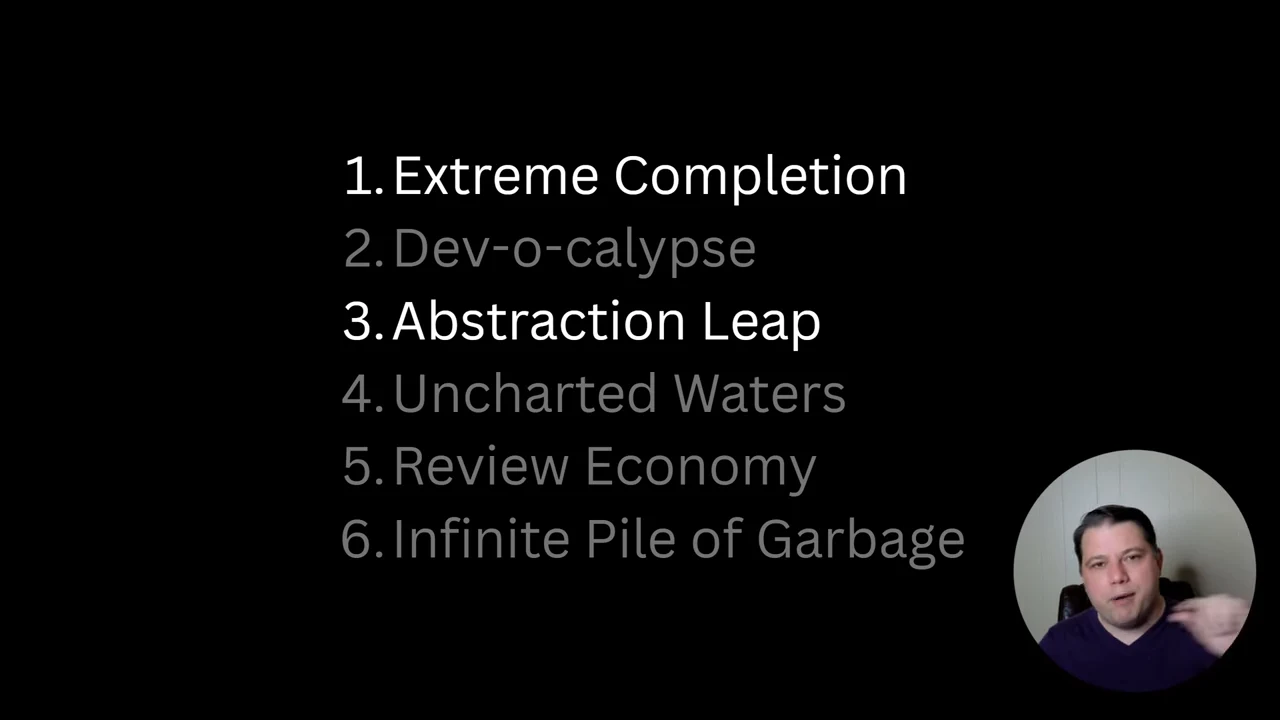 Six-item scenario list with Extreme Completion and Abstraction Leap in white and the other four scenarios dimmed; presenter inset at bottom right.