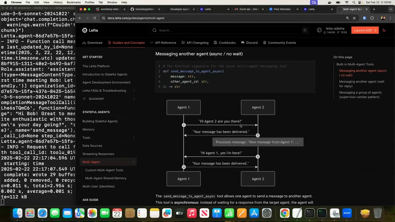 Letta documentation showing an asynchronous messaging sequence diagram with Agent 1, Agent 2, message delivery receipts, and a reply; terminal logs remain visible at left.
