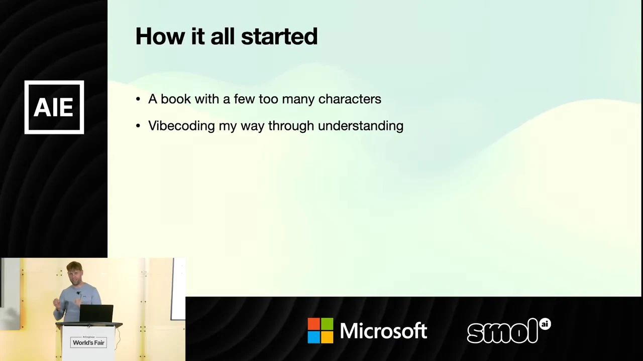Slide titled “How it all started” with bullets “A book with a few too many characters” and “Vibecoding my way through understanding.”