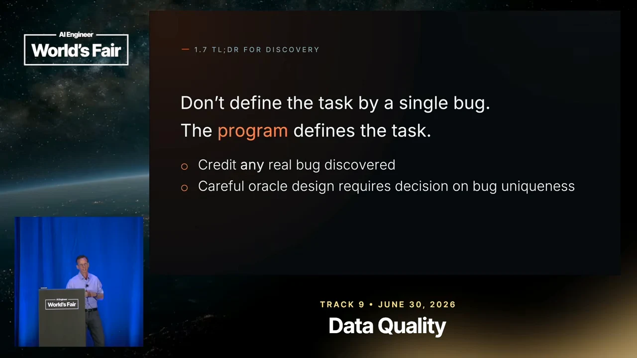 Slide says not to define the task by a single bug. Two bullets call for crediting any real bug discovered and careful oracle design around bug uniqueness.