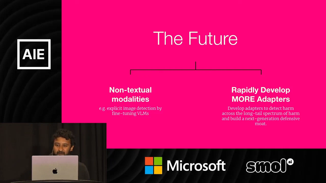 Pink slide titled The Future branches into non-textual modalities, including image detection with fine-tuned VLMs, and rapidly developing more adapters across the long tail of harm.