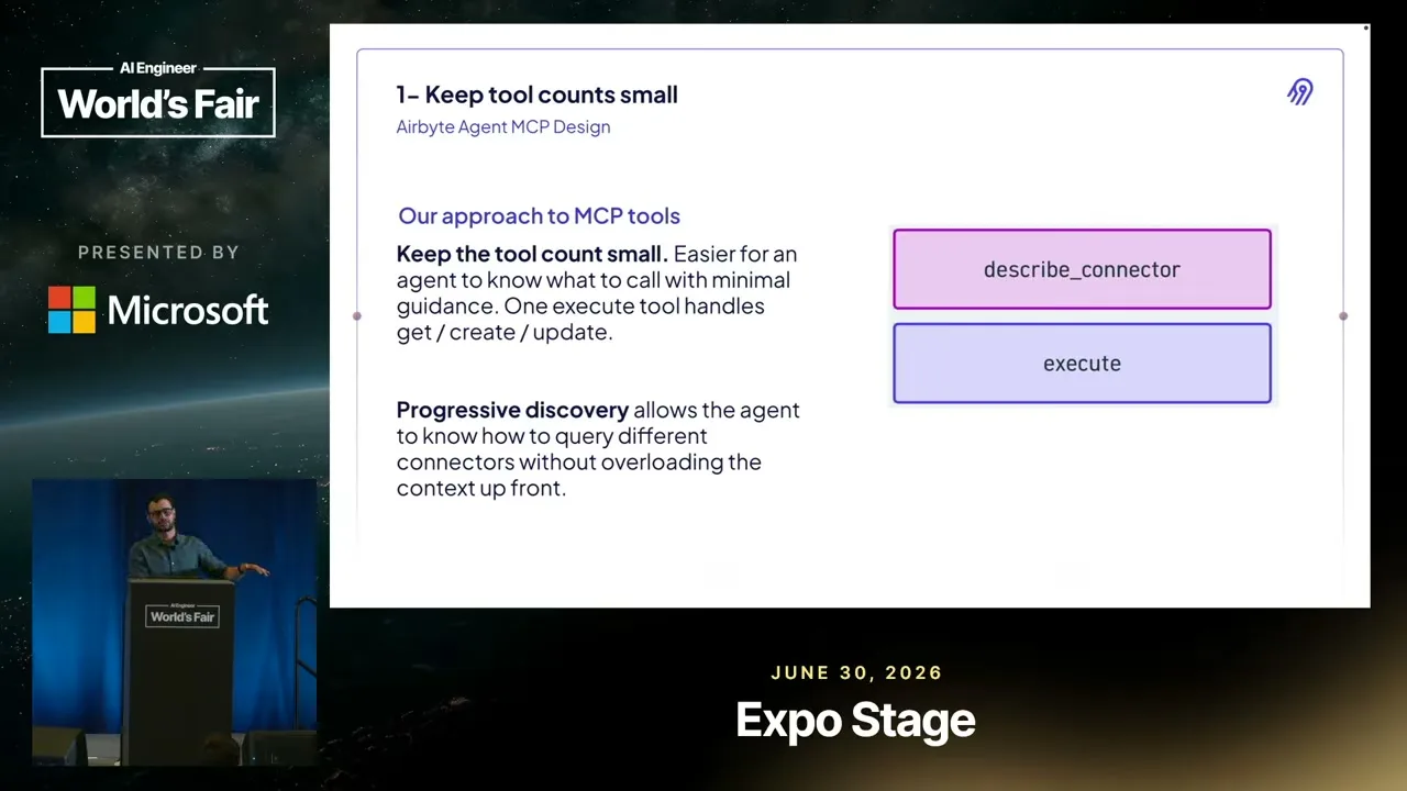 Selected presentation frame from Designing CLIs for Agents, Not Humans — Pedro Lopez, Airbyte at 376 seconds