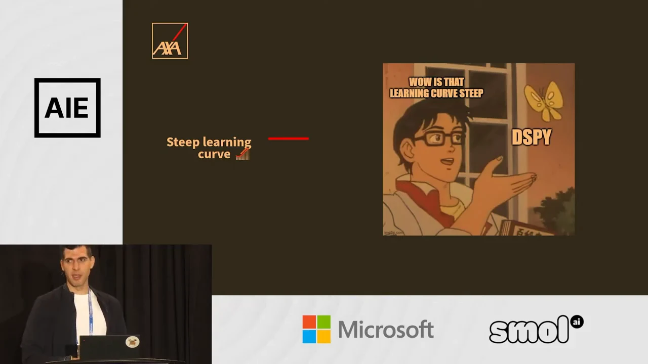 Slide headed “Steep learning curve” with a butterfly meme labeled “DSPY” and “WOW IS THAT LEARNING CURVE STEEP.”