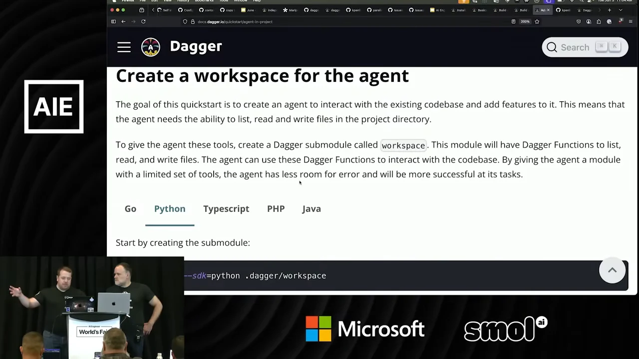 Dagger documentation headed “Create a workspace for the agent,” explaining tools to list, read and write files.