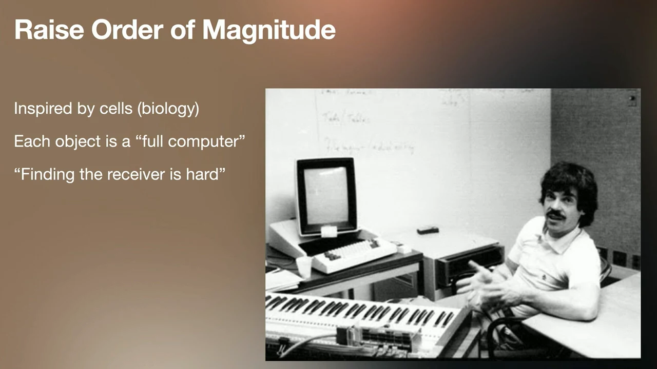 Slide titled “Raise Order of Magnitude” with three statements about cells, each object being a full computer, and finding the receiver, beside a black-and-white photograph of a man at a computer and keyboard.