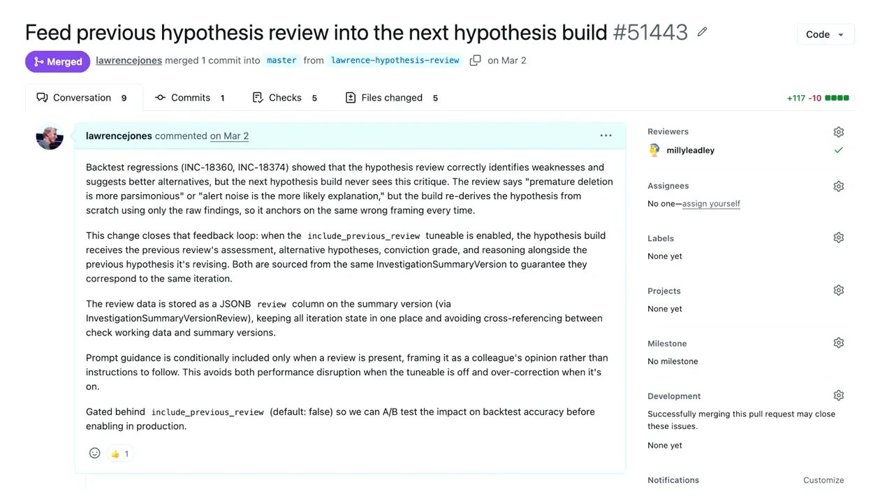 GitHub pull request #51443 shows a purple Merged badge and a description explaining how previous review feedback enters subsequent hypothesis building.