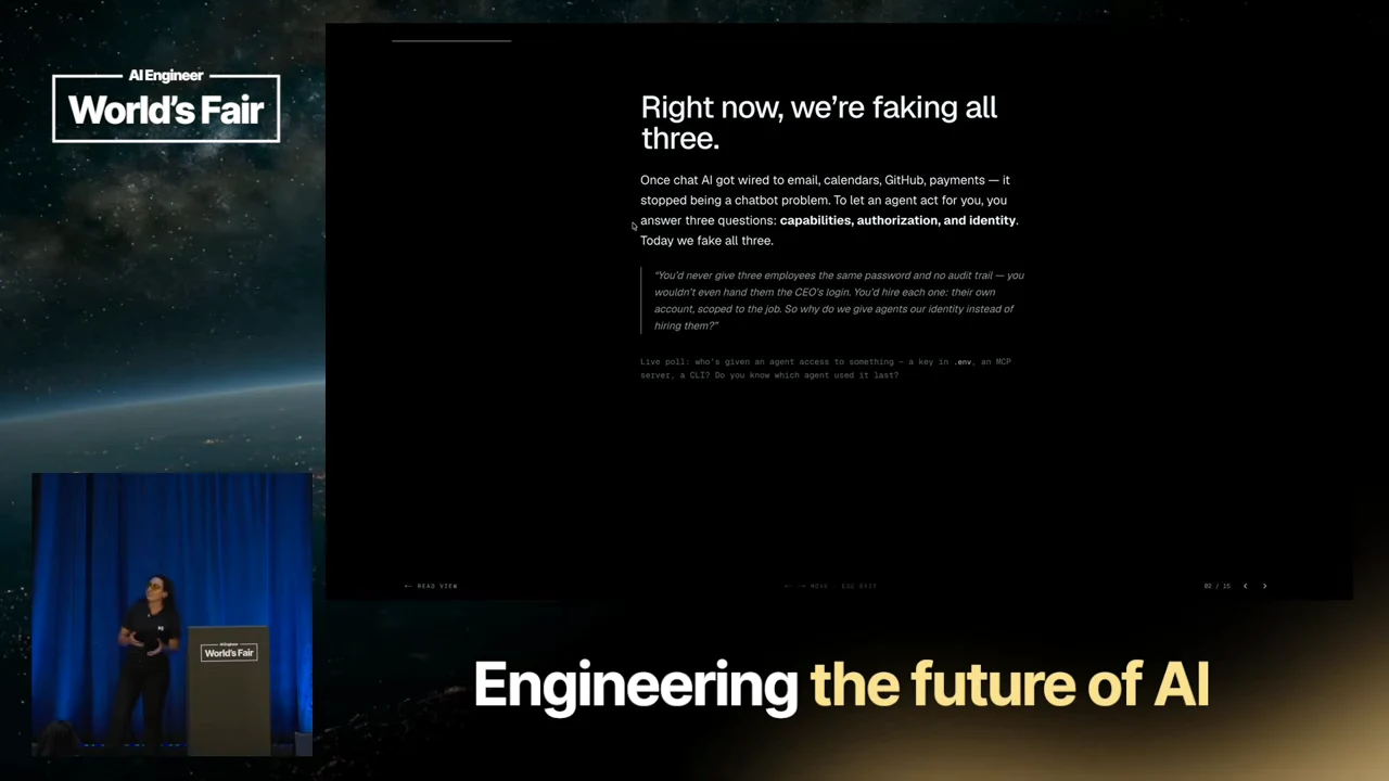Black slide titled “Right now, we’re faking all three.” with text discussing capabilities, authorization, identity, and shared employee access.