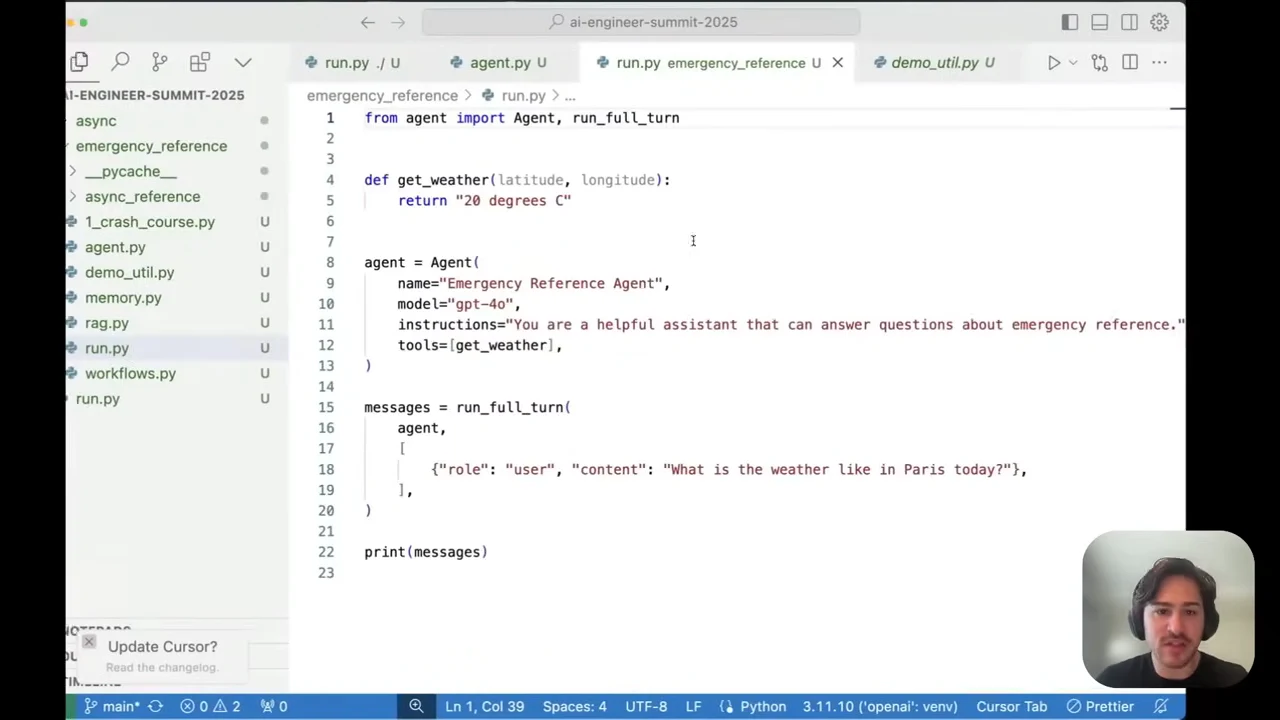 Python editor showing get_weather, an Emergency Reference Agent with tools=[get_weather], a run_full_turn call, and print(messages).