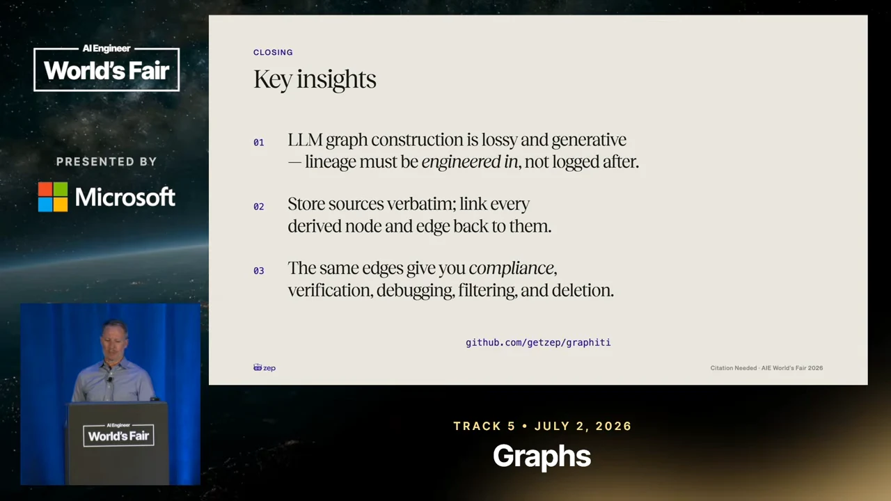 Key insights slide lists three takeaways about engineered lineage, verbatim sources, and provenance benefits, with github.com/getzep/graphiti below.