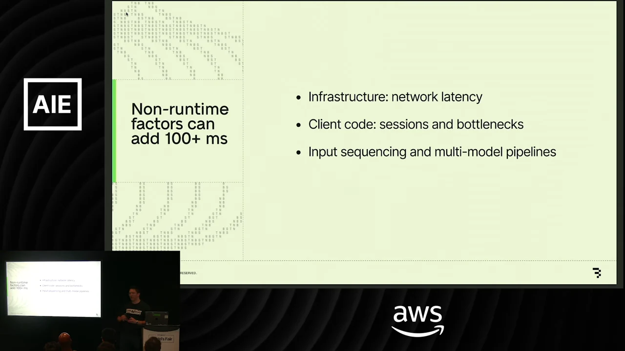 Slide listing network latency, client sessions and bottlenecks, and input sequencing and multi-model pipelines as non-runtime factors.
