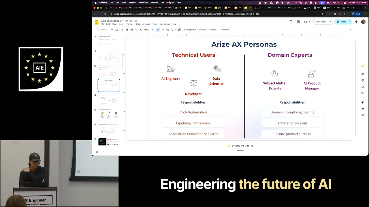 Arize AX Personas slide contrasts AI engineers, developers and data scientists with subject matter experts and AI product managers, listing responsibilities beneath each group.
