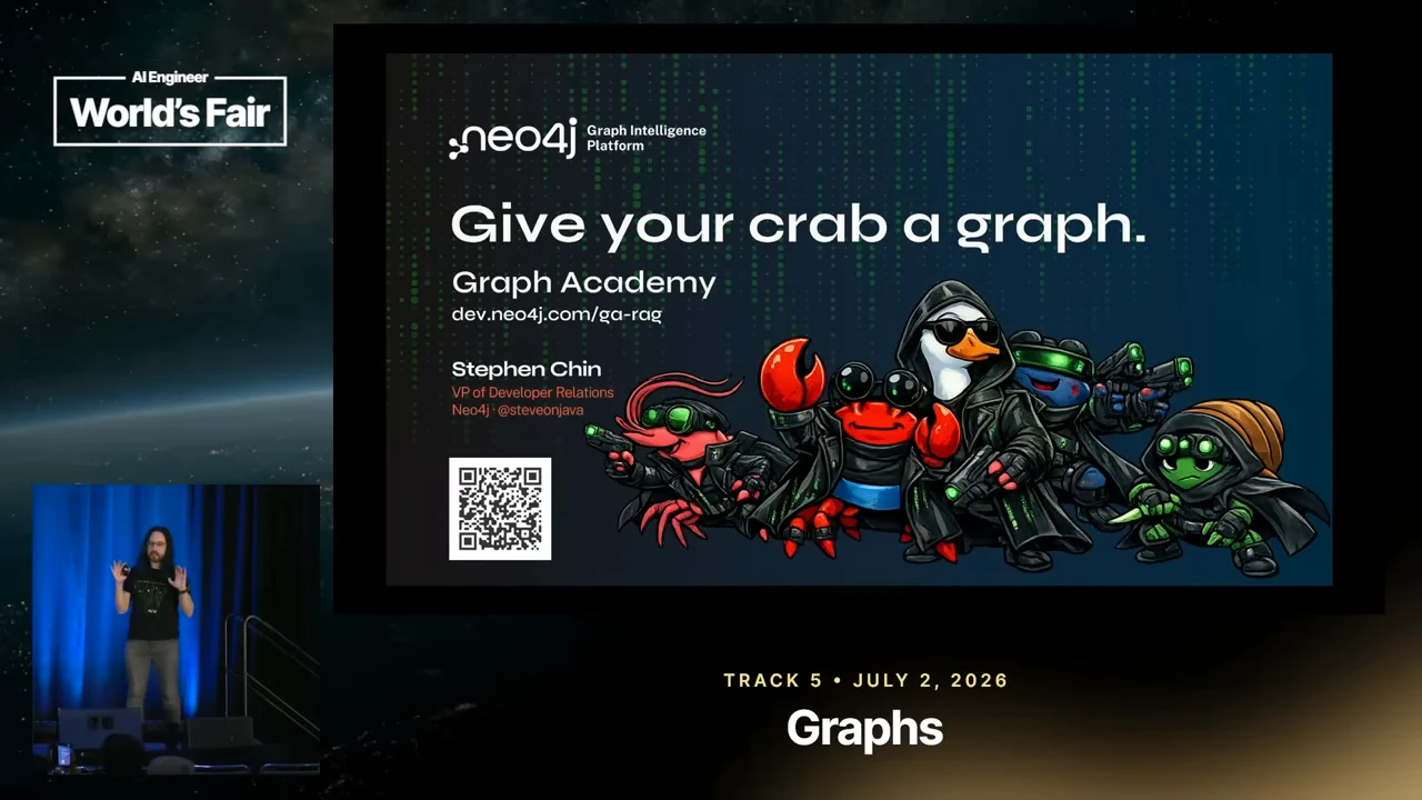 Neo4j closing slide with Graph Academy text, a QR code, Stephen Chin’s name, and cartoon crustaceans wearing dark coats and goggles.