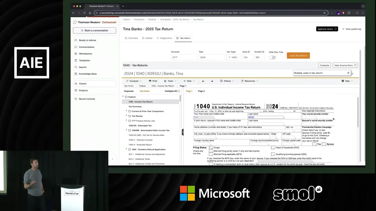 CoCounsel tax workspace showing a Form 1040, a navigation tree and tax-return controls.