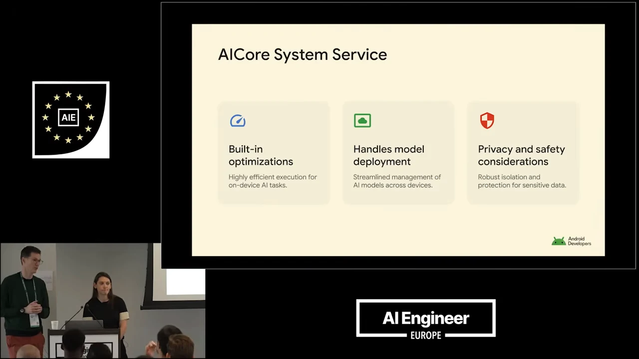 AICore System Service slide with three cards labeled “Built-in optimizations,” “Handles model deployment,” and “Privacy and safety considerations.”
