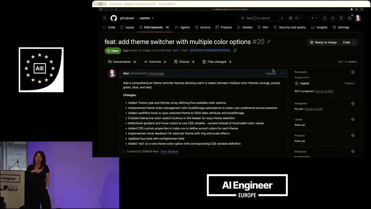 GitHub pull request titled “feat: add theme switcher with multiple color options #20,” showing an Open status, change description, and View Session link.
