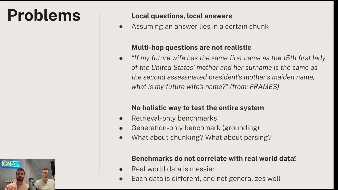Problems slide listing local questions and answers, unrealistic multi-hop questions, incomplete system testing, and benchmarks that do not correlate with real-world data.