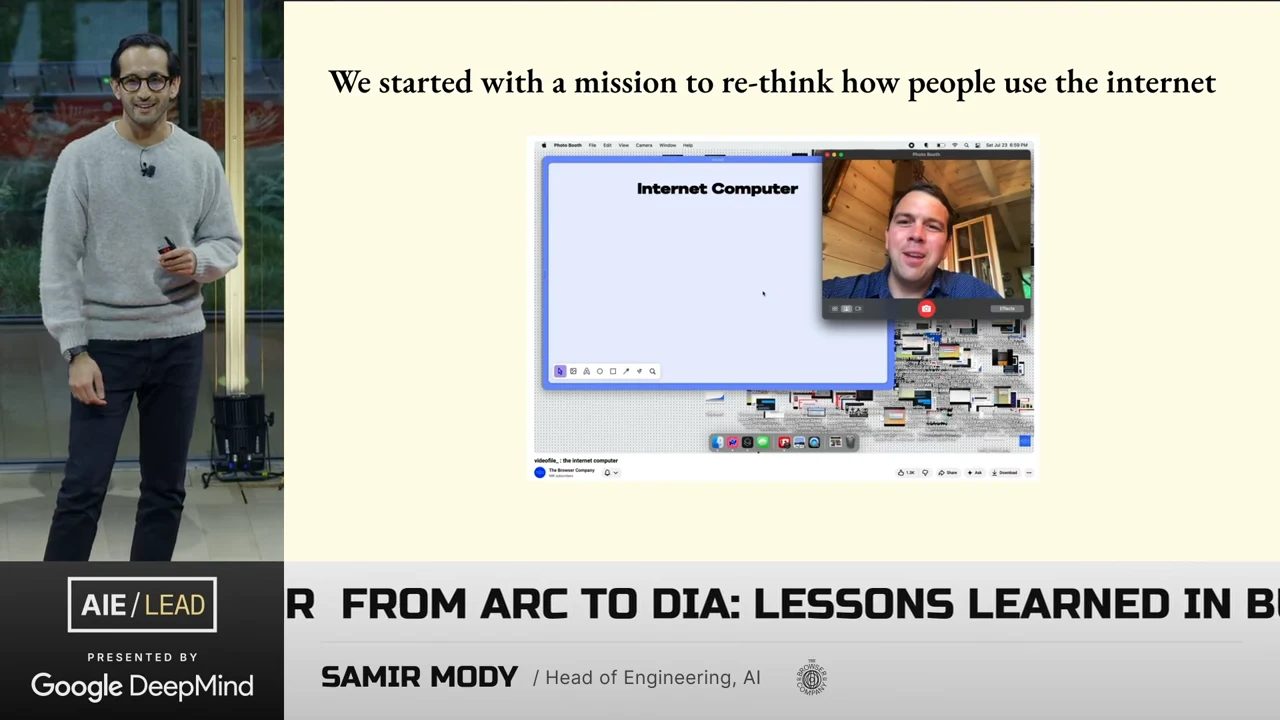 Slide stating “We started with a mission to re-think how people use the internet,” above a desktop screenshot with an Internet Computer window and video call.