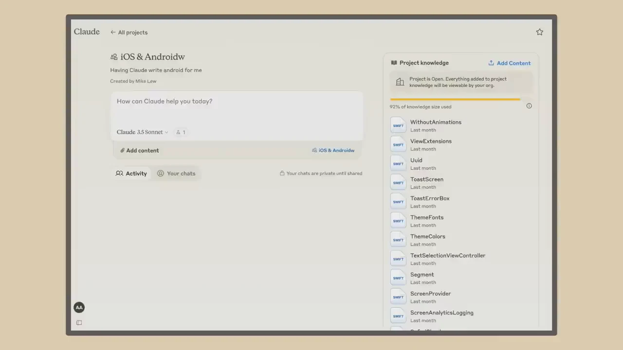 Claude Project page with a central chat input and a Project knowledge sidebar listing uploaded source files.