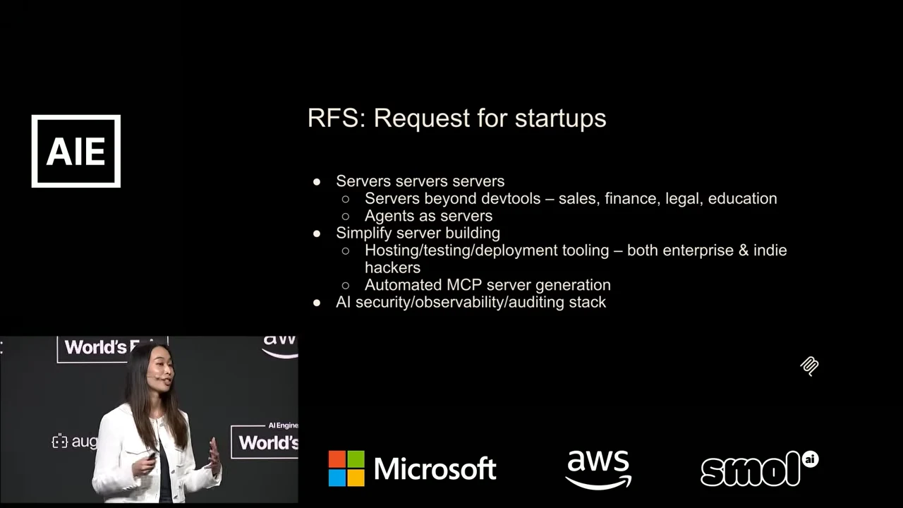 RFS: Request for startups slide listing servers beyond developer tools, agents as servers, hosting/testing/deployment tooling, automated MCP server generation, and an AI security/observability/auditing stack.