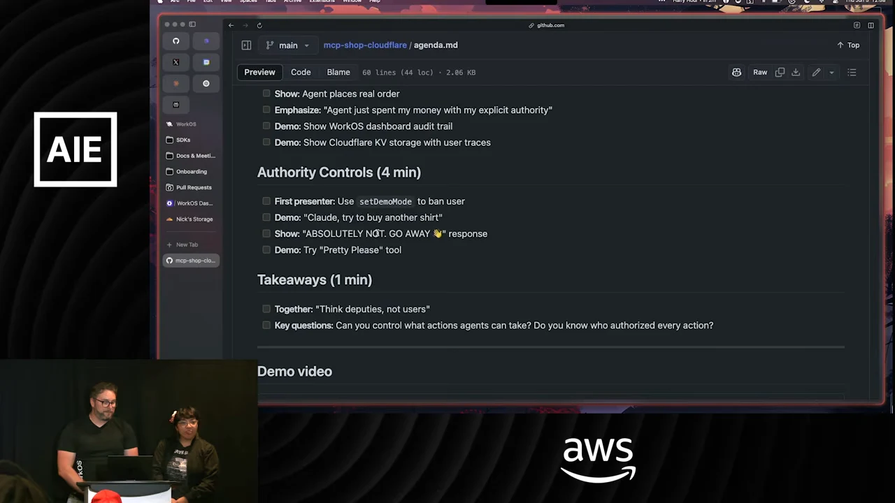 GitHub agenda with Authority Controls and Takeaways sections, including “Think deputies, not users” and questions about controlling and authorizing agent actions.