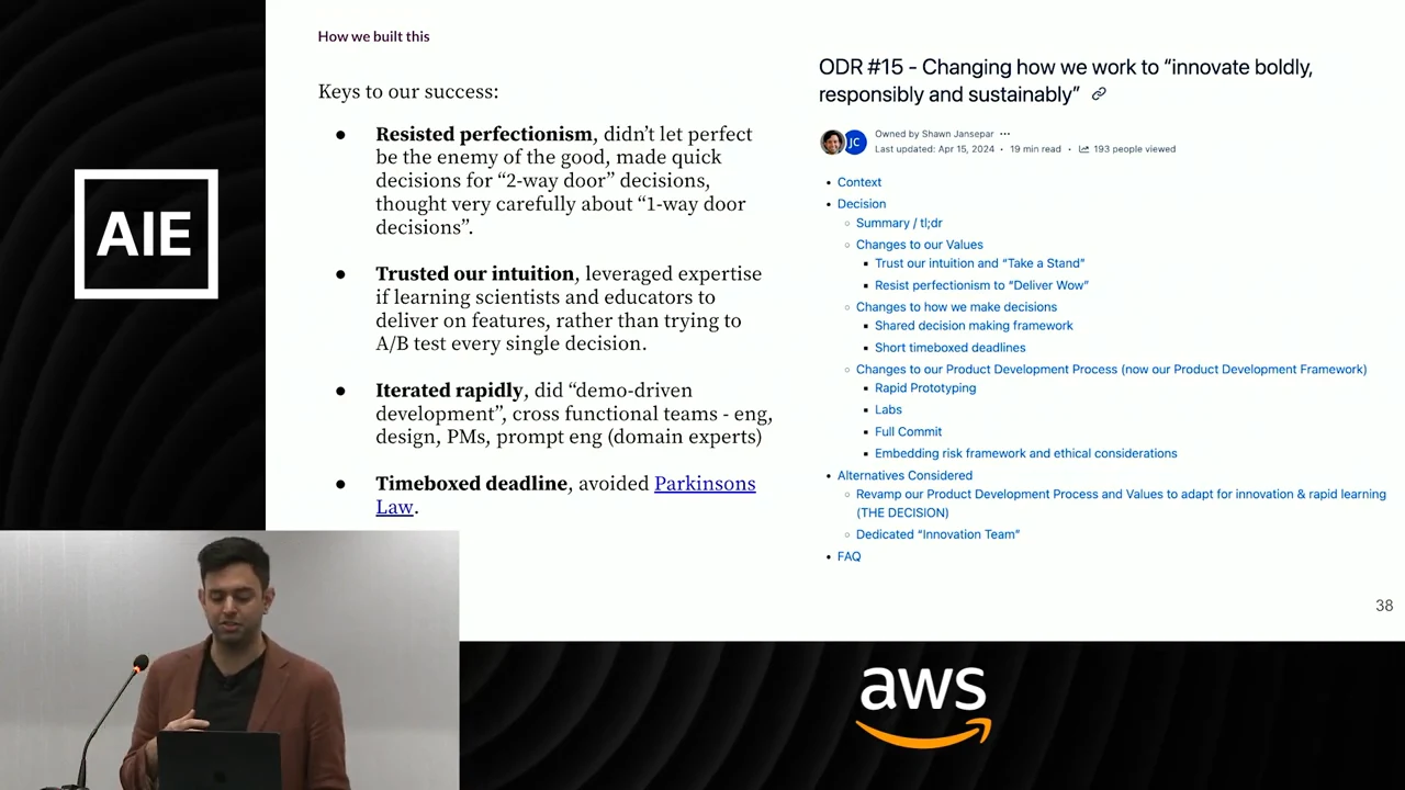 Slide lists resisting perfectionism, trusting intuition, rapid iteration and timeboxed deadlines beside ODR #15 on changing how the organization works.
