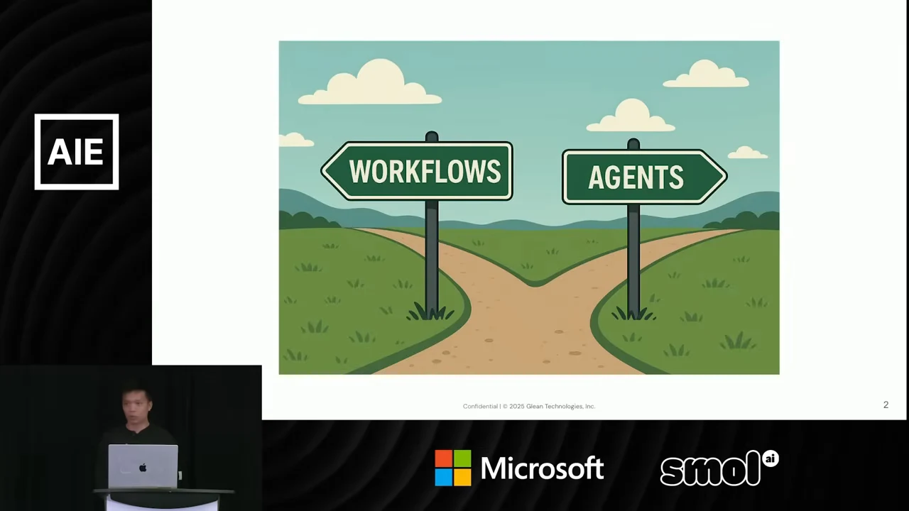 An illustrated fork in a country road with signs pointing left to Workflows and right to Agents.
