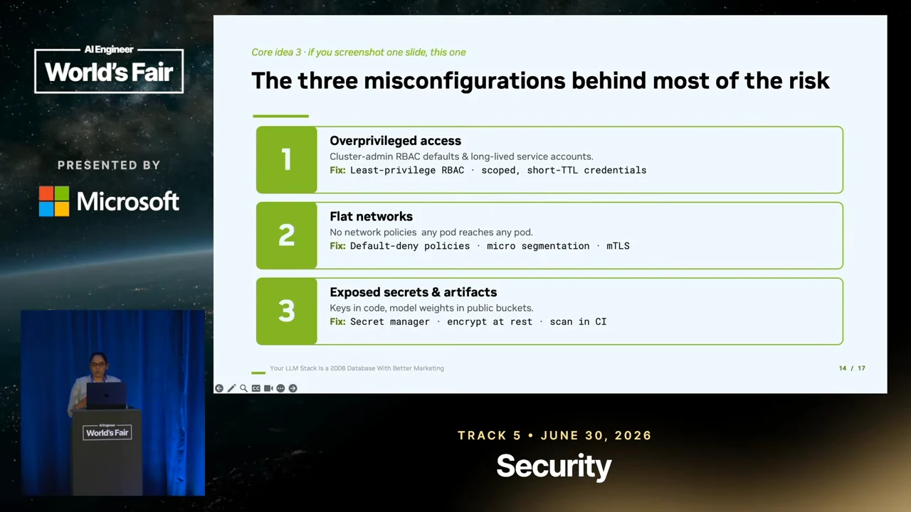 Three numbered rows pair risks with least-privilege RBAC and short-lived credentials; default-deny policies, micro segmentation, and mTLS; and a secret manager, encryption at rest, and CI scanning.