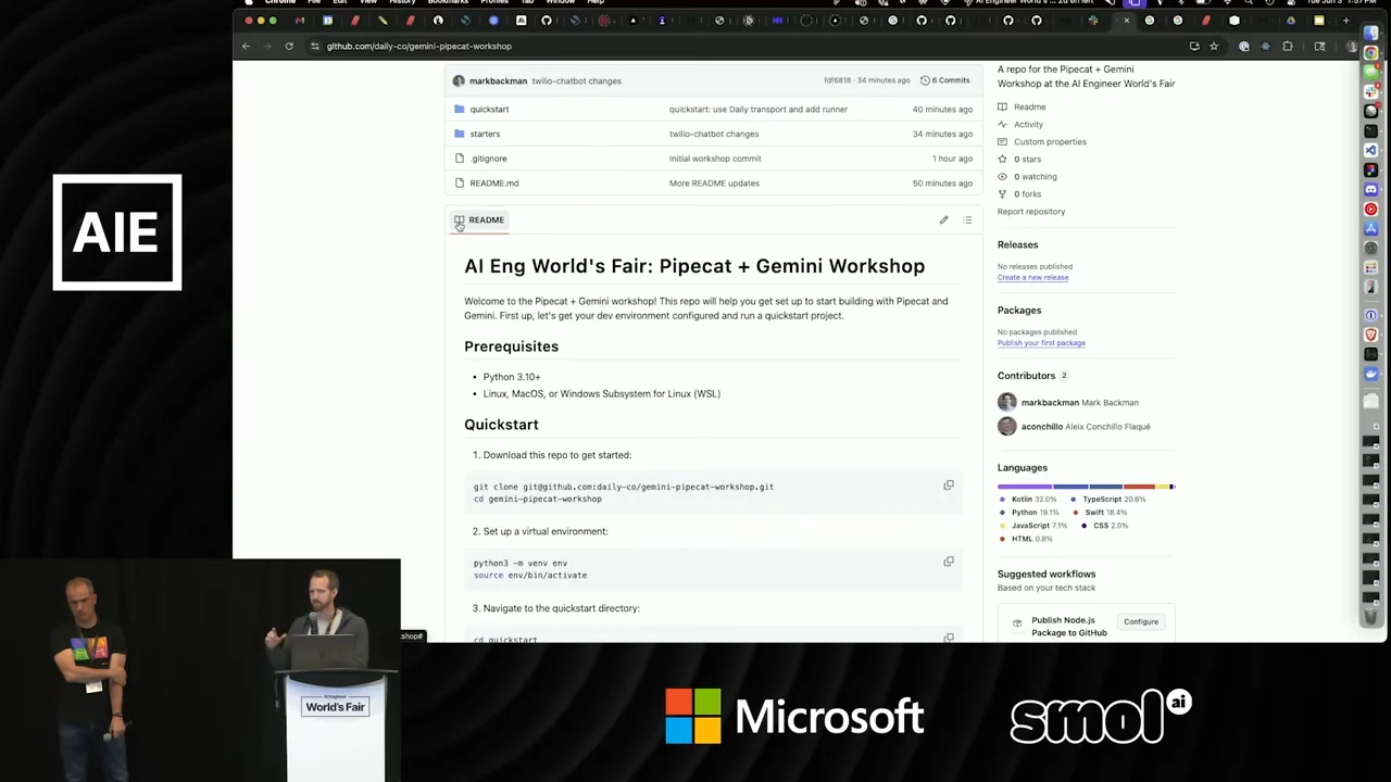 GitHub README headed “AI Eng World's Fair: Pipecat + Gemini Workshop,” with Prerequisites and Quickstart sections.